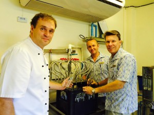 David Martens (right) Area General Manager of CKBR leads his team, Steffen Hoffer (left) Executive Chef and Zafer Tasci (centre) Director of Food & Beverage for a water bottling plant, the resort’s activity to conserve environment.