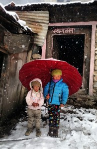 Namaste. Namaste. These two little voices greeted the Everest group as they walked into Tengboche. Photo © Maureen Seeley