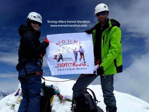 Two members from Island Peak group in Everest Marathon 2016, after summiting the Island Peak, despite harsh weather conditions.